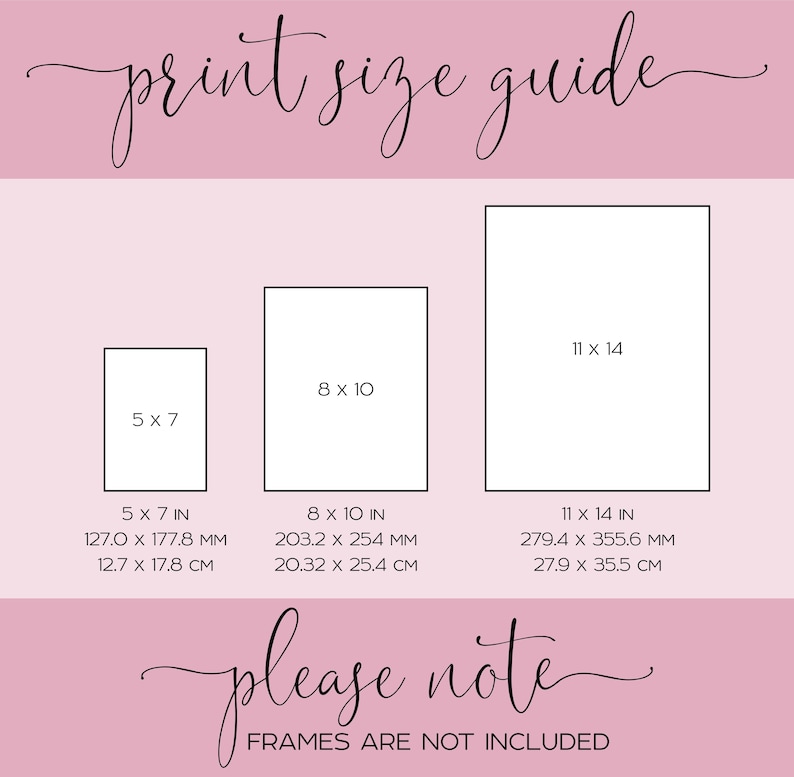 May include: A print size guide with three rectangular examples: 5 x 7 inches, 8 x 10 inches, and 11 x 14 inches. Measurements are also provided in millimeters and centimeters. The text "print size guide" and "please note" are written in cursive.