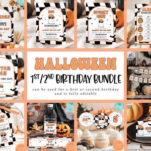 Puede incluir: Un paquete de cumpleaños de Halloween de 1º/2º con plantillas editables. Incluye carteles de bienvenida, invitaciones, pancartas, adornos para cupcakes y etiquetas de comida. Presenta un personaje fantasma con gafas de sol y un patrón de cuadros blancos y negros.