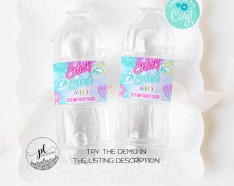 Rótulos editáveis para garrafas de água com tema de aniversário "Splish Splash", perfeitos para festas na piscina, toboáguas e parques aquáticos.