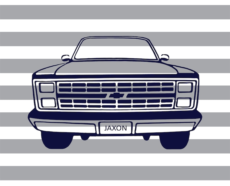 May include: Illustration of a navy blue and white pickup truck with the name "Jaxon" on the license plate. The truck is set against a background of horizontal gray and white stripes. The Chevrolet logo is visible.