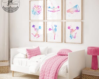 Cheerleading Wall Art, pastel rainbow colored room decor, playroom ideas, Watercolor Cheer Wall Art, Colorful Cheer Decor, Teen Room Decor