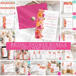 Puede incluir: Un paquete de despedida de soltera con invitaciones, juegos y decoración. La invitación tiene detalles florales y cítricos. El paquete incluye letreros, etiquetas y tarjetas de agradecimiento. El texto dice "Bridal Shower Bundle Edit + Print Yourself".