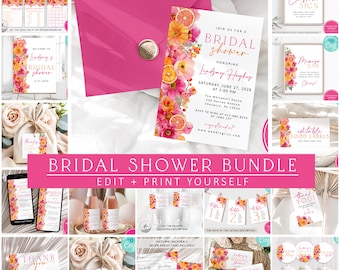 Citrus Bridal Shower Editable Bundle, Main Squeeze Bridal Shower Bundle, Pink And Orange Bridal Shower Bundle, Pink Floral and Orange Shower