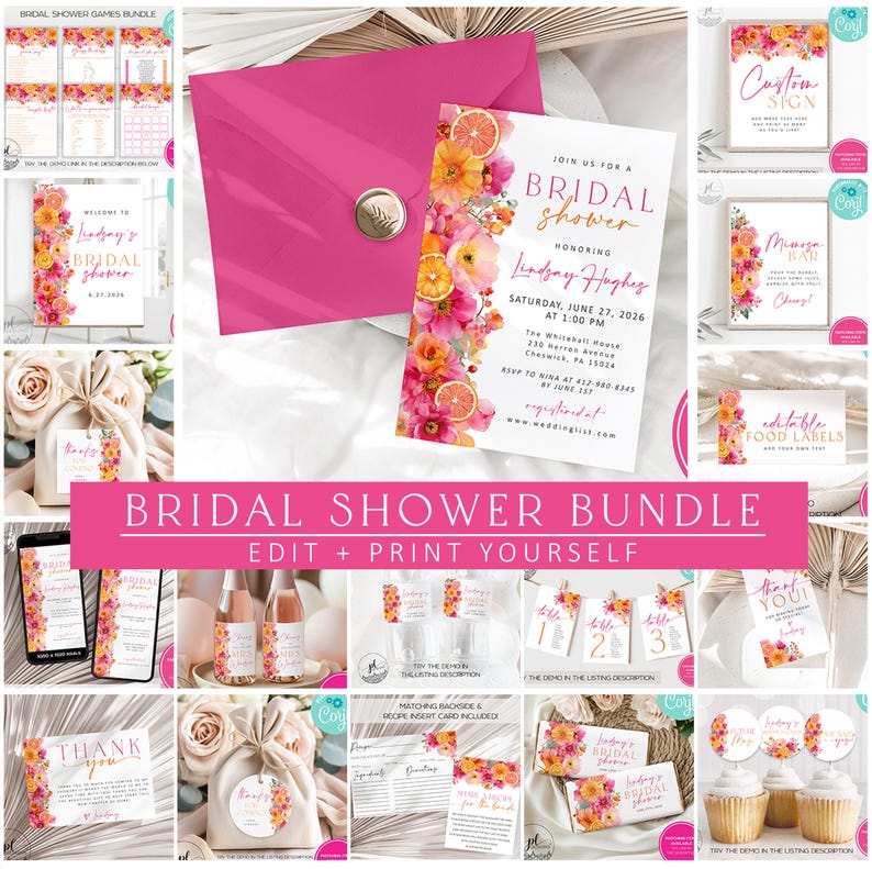 May include: A bridal shower bundle featuring invitations, games, and decor. The invitation has floral and citrus accents. The bundle includes signs, labels, and thank you cards. The text reads "Bridal Shower Bundle Edit + Print Yourself".