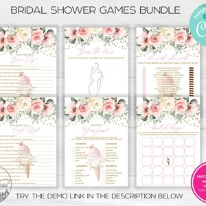 May include: A bridal shower games bundle with floral designs and ice cream cone illustrations. The games include "What Did the Bride Say?", "Guess the Dress", and "He Said, She Said". The text "TRY THE DEMO LINK IN THE DESCRIPTION BELOW" is also visible.