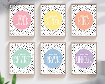 Kids positive affirmation wall art, pastel rainbow colored room decor, children playroom ideas, pastel baby nursery art, pastel wall art