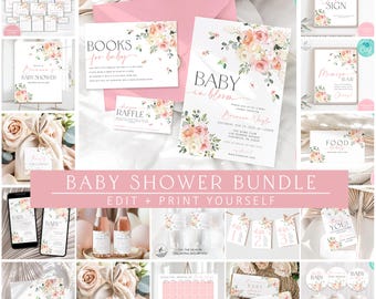Baby in Bloom Editable Bundle, Flowers Baby Shower Bundle, Pink Wildflower Bundle, Floral Shower Bundle, Spring Baby Shower Bundle