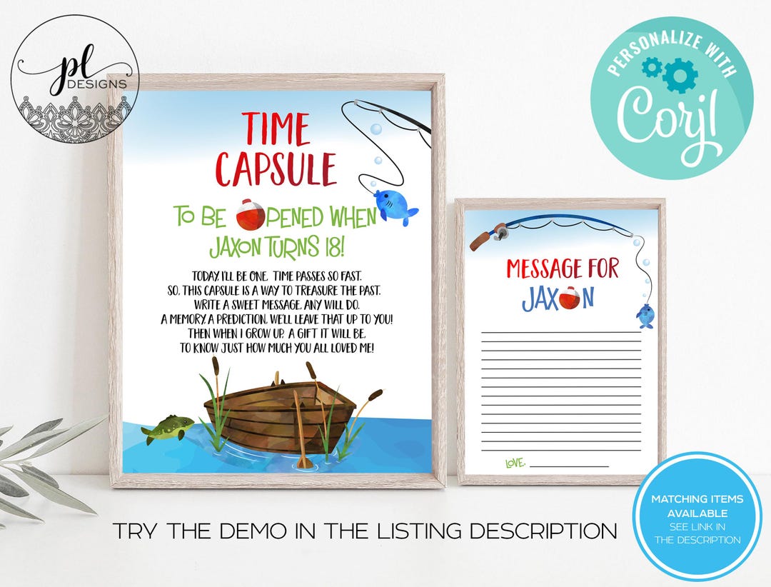 Capsule Sign Examples Editable the Big One Time Capsule Sign, Fishing Birthday Time Capsule ...