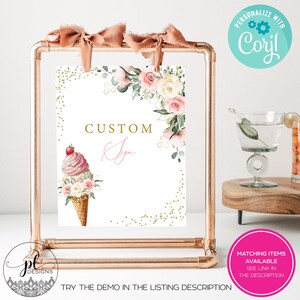 May include: A custom sign with a watercolor ice cream cone illustration, floral accents, and gold text. The sign is displayed in a copper-colored frame with a bow at the top. Text includes "CUSTOM" and "Iga".