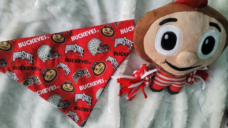 The Ohio State University Brutus Buckeye, Licensed, Over the Collar Dog Bandana that Slips onto their existing Collar. image 1