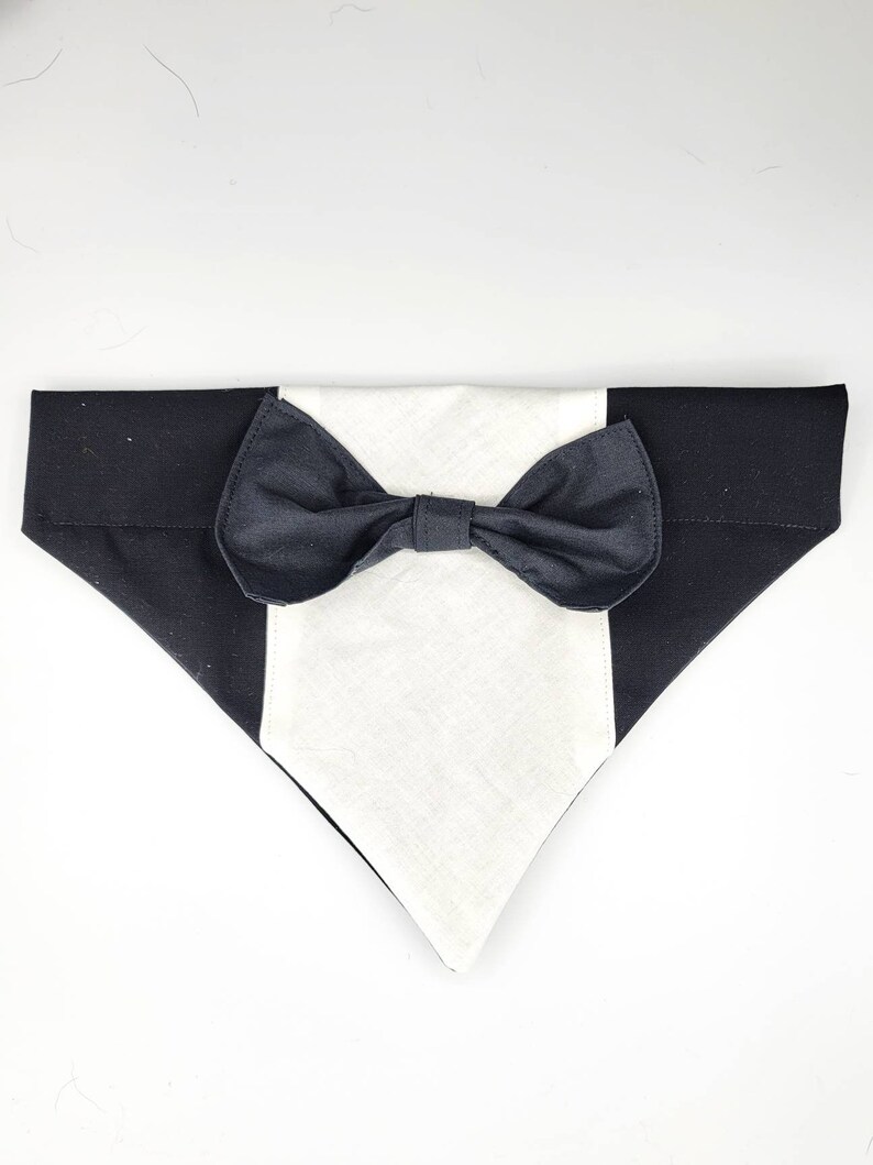 Black Wedding Tuxedo Over the Collar Dog Bandana that Slips onto their Existing Collar. image 3