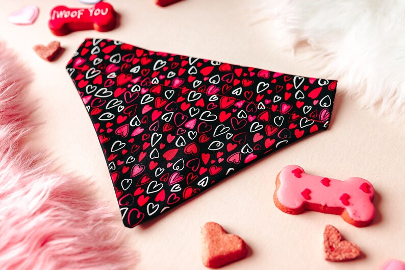 Valentine's Day Hearts Dog Bandana That Slips Over Their Existing Collar. image 1