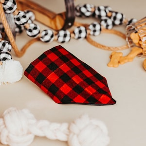 Black and Red Buffalo Plaid Flannel Knit Over the Collar Dog Bandana that Slips onto their Existing Collar