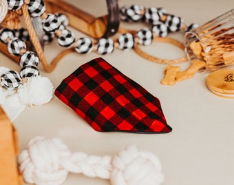 Black and Red Buffalo Plaid Flannel Knit Over the Collar Dog Bandana that Slips onto their Existing Collar