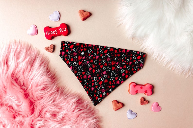 Valentine's Day Hearts Dog Bandana That Slips Over Their Existing Collar. image 2