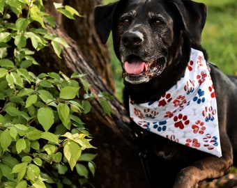 Patriotic Paw Prints Dog Bandana, Dog Bandana that Slips onto the Collar, Red White and Blue Dog Scarf, Fourth of July Pet Wear