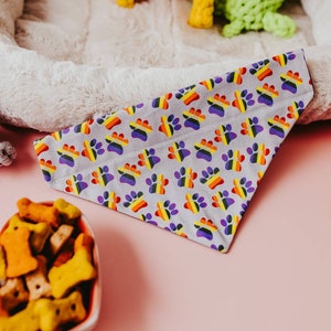 Rainbow Paw Prints Over the Collar Dog Bandana that Slips onto their Existing Collar. Pride Dog Bandana.