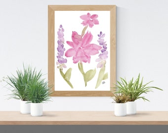 Floral wall art, Pink and purple flowers, printable, floral wall art, floral prints, watercolor paintings, decor, kids room, dorm room art