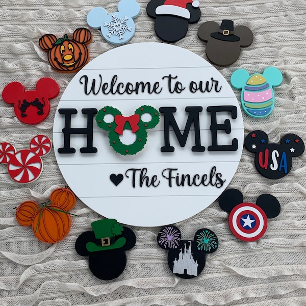 Austauschbares Wohnschild – Willkommensschild – Mickey Home austauschbar – personalisiertes Nachnamenschild