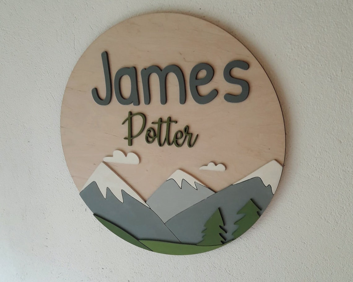 Wooden name sign nursery Mountain nursery Custom name sign Etsy