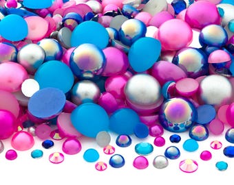 Flatback Half Round Pearl and Rhinestone Mix #10 Cyberpunk 30 Grams | Pearl Sizes 3-10mm | Rhinestone Sizes 3-5mm