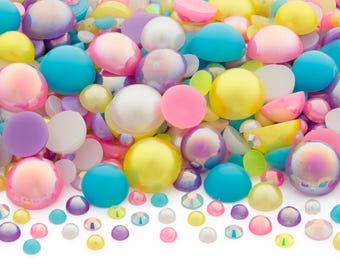 Flatback Half Round Pearl and Rhinestone Mix #33 Confetti 30 Grams | Pearl Sizes 3-10mm | Rhinestone Sizes 3-5mm