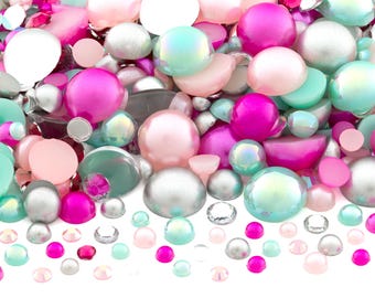 Flatback Half Round Pearl and Rhinestone Mix #45 Frosted Rose 30 Grams | Pearl Sizes 3-10mm | Rhinestone Sizes 3-5mm