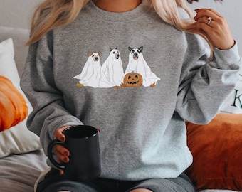 Halloween Cattle Dogs Sweatshirt, Three Ghosts Dogs Design, Unisex Crewneck, Soft Cotton Blend, Spooky Dog Lovers Gift