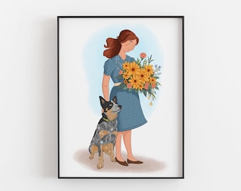 Blue Heeler, Giclée Art Print, "Cattle Dog Mom in Blue Dress"