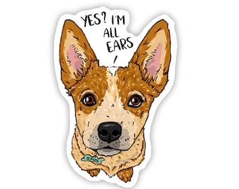 Red Heeler Dogs, Double Mask Cattle Dog, Cute Puppy Gift, Waterbottle Dog Sticker, 3-inch Vinyl Decal Sticker, I'm All Ears Sticker