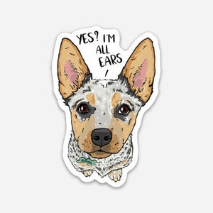 WEATHERPROOF Cattle Dogs, Blue Heeler, 3-inch Vinyl Decal Sticker "I'm All Ears"