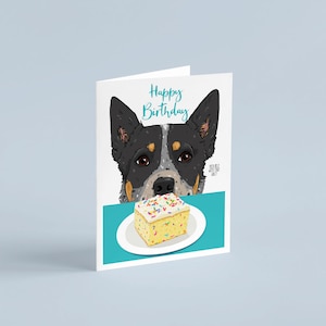 Chien bleu à talons, carte de joyeux anniversaire, gâteau confettis, carte d'anniversaire chien drôle, gâteau d'aide