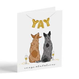 Carte pour chien à talon bleu, bouviers à talon rouge, carte de félicitations sur le thème du chien, carte de mariage pour chien, cadeau de fiançailles pour amoureux des chiens, « Yay balloons »