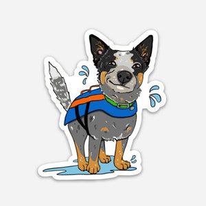 WEATHERPROOF Cattle Dogs, Blue Heeler, 3-inch Vinyl Decal Sticker "Water Pup"