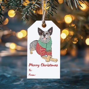Peut inclure: Une étiquette cadeau rectangulaire blanche avec une illustration à l'aquarelle d'un chien bouvier australien portant un pull rouge à motifs et une écharpe verte. Le texte Merry Christmas, To:, et From: est imprimé en rouge sous le chien.