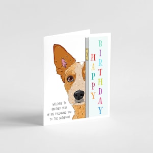 Chien rouge à talons, carte de joyeux anniversaire drôle, carte d'anniversaire pour amoureux des chiens, une autre année, le chien vous suit dans la salle de bain