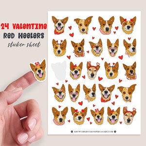 May include: A sheet of 24 Valentine's Day stickers featuring Red Heeler dogs wearing various accessories, including hearts, crowns, and glasses. The stickers are printed on white paper and are perfect for adding a touch of cuteness to your Valentine's Day crafts.
