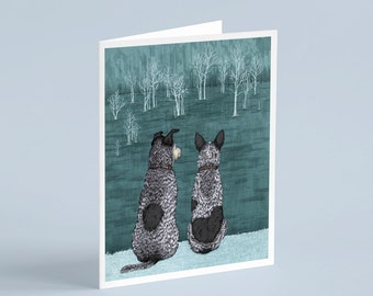 Australian Cattle Dog Card, Blue Heeler Greeting, 4x5 inches, 'The Lookouts' Design, Misty Forest, Blank Inside