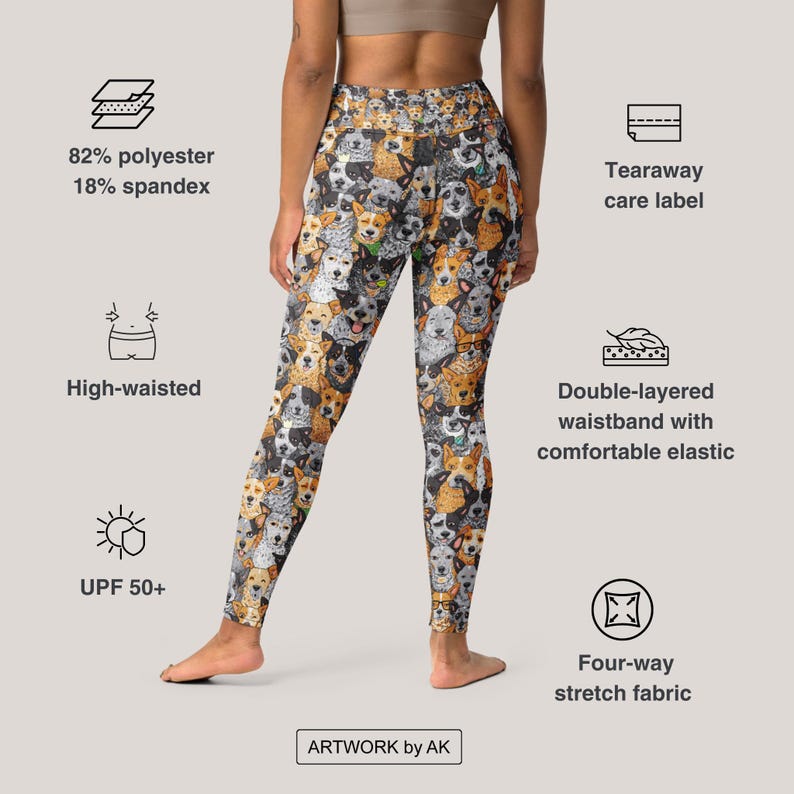 May include: A pair of high-waisted leggings with a colorful print of dogs. The leggings are made of a four-way stretch fabric and have a double-layered waistband with comfortable elastic. The fabric is 82% polyester and 18% spandex. The leggings have a tearaway care label and offer UPF 50+ sun protection.
