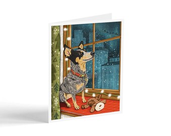 Blue Heeler Christmas Card, Dog-Themed Christmas Cards, Hand-drawn Holiday Cards, Christmas In The City, Window Seat with a Snowy View
