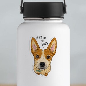 May include: A white water bottle with a sticker of a cartoon dog with big ears. The sticker says "Yes? I'm all ears."