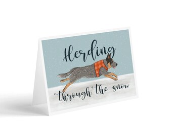 Blue Heeler Christmas Dog, Dog Themed Christmas Card, Holiday Card Sets, Herding Through The Snow