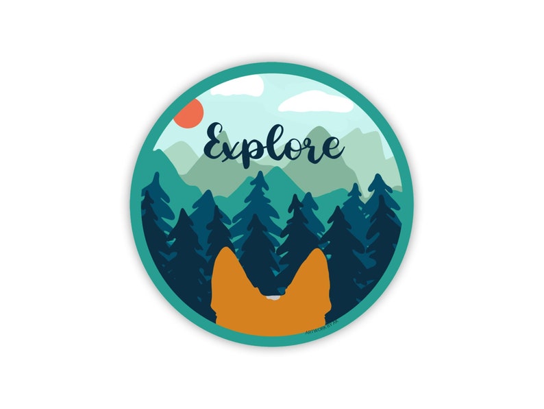 May include: A round sticker with a blue, green, and orange illustration of a mountain range with a sun and the word "Explore". The sticker features a silhouette of a dog's head looking at the mountains.
