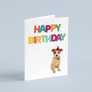 Bouvier rouge, chapeau d'anniversaire de chiot mignon, carte de joyeux anniversaire ballons