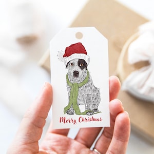 Peut inclure: Une étiquette cadeau rectangulaire blanche avec une illustration dessinée à la main d'un chien tacheté portant un bonnet de Père Noël rouge et une écharpe en tricot vert. Le texte Merry Christmas est écrit en rouge en bas.