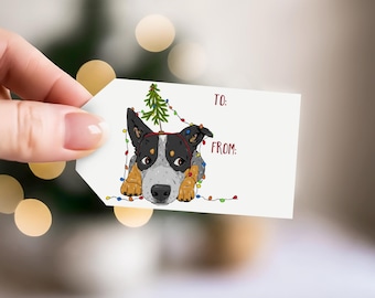 Blue Heeler Gift Tags, Dog Themed Gift Tags, Christmas Gift Tags With String, Holiday Gift Tag Set, Christmas Tree Holiday Lights