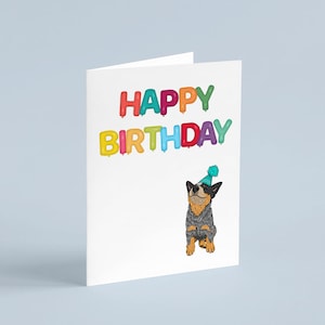 Bouvier bleu, chapeau d'anniversaire chiot mignon, carte ballons joyeux anniversaire