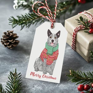 Peut inclure: Une étiquette cadeau rectangulaire blanche avec une illustration dessinée à la main d'un chien gris tacheté portant un pull rouge à motifs et une écharpe verte. Le texte Merry Christmas est imprimé en rouge en bas. Une ficelle rouge et blanche est attachée.