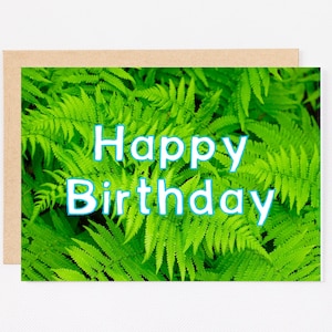 Cartão de aniversário de samambaias para impressão, samambaias, natureza, verde, simples, feliz, vibrante, botânico, folhas, 5x7