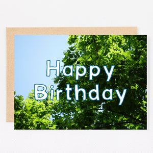 Cartão de aniversário de árvores para impressão, 5x7, feliz aniversário, árvores, céu, natureza, último minuto, último segundo, verde, simples